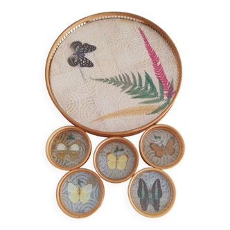 Ensemble Plateau et 5 Sous-verres apéritif papillons - bambou et rotin - Vintage