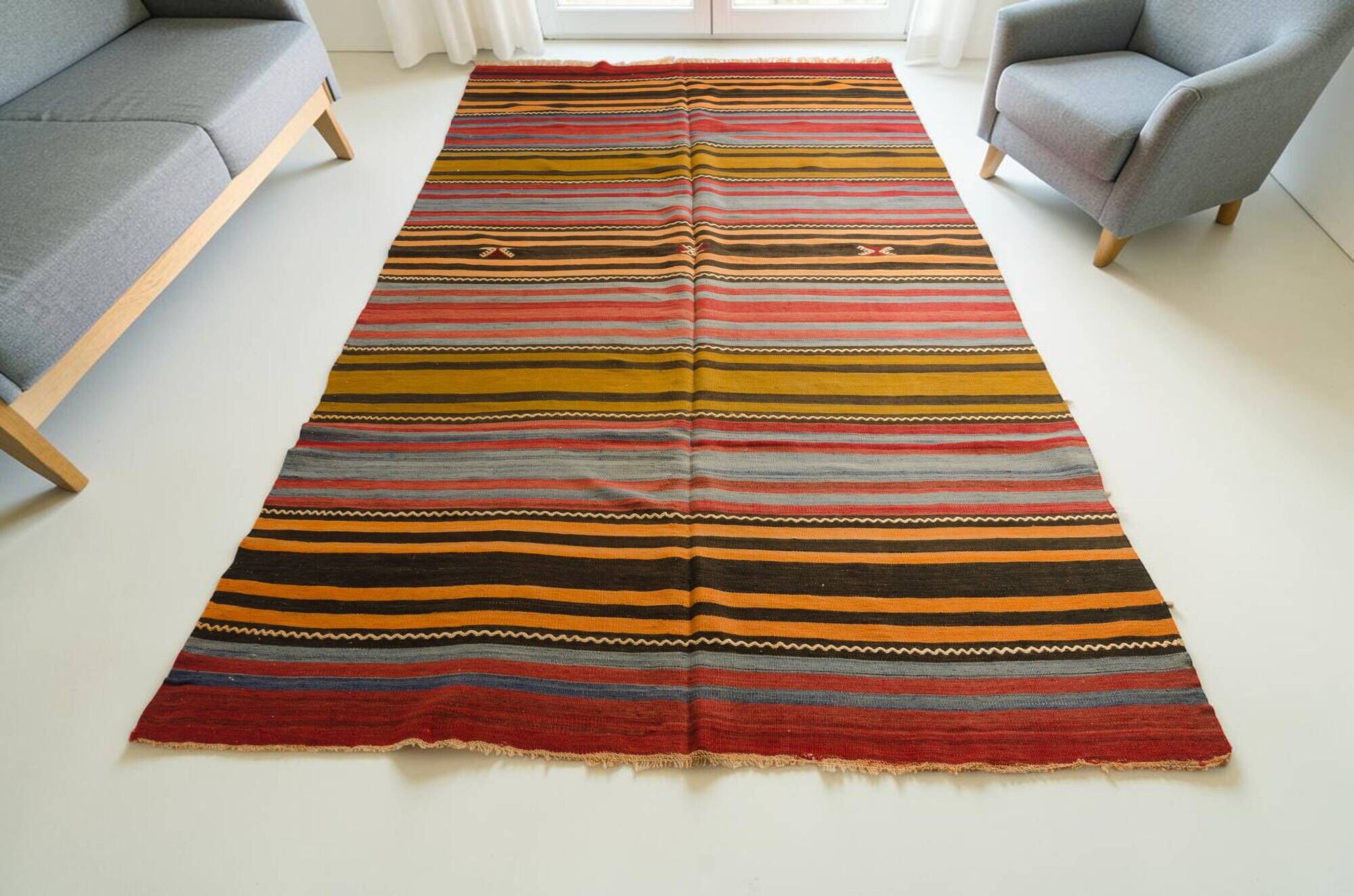 Large Vintage Striped Anatolian Hand-Woven Wool & Cotton Rugsku-135