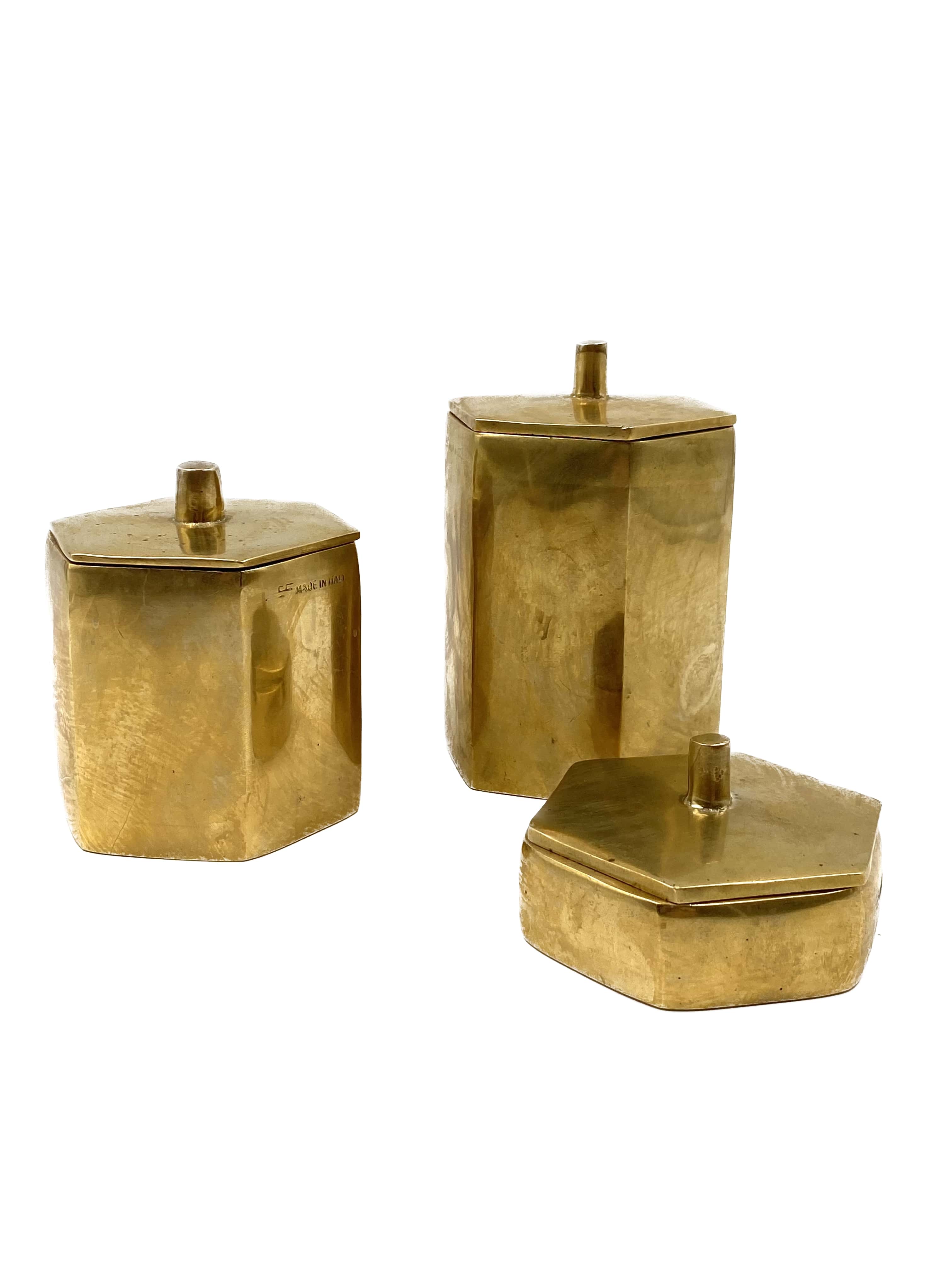 Set of 3 solid Brass boxes , De Falco Italy 1970s