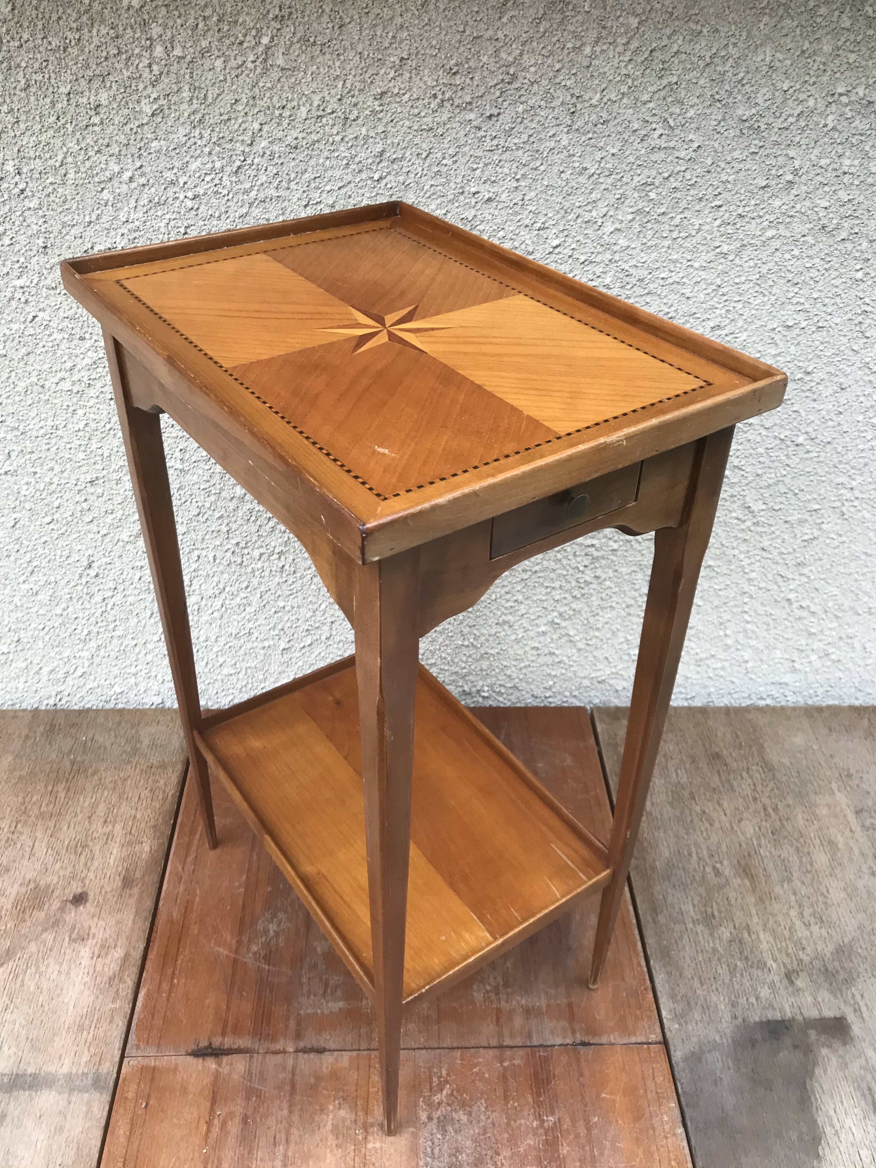 Old Table Appoint Wood Plateau Marqueté Star Feet Compass - Vintage Drawer