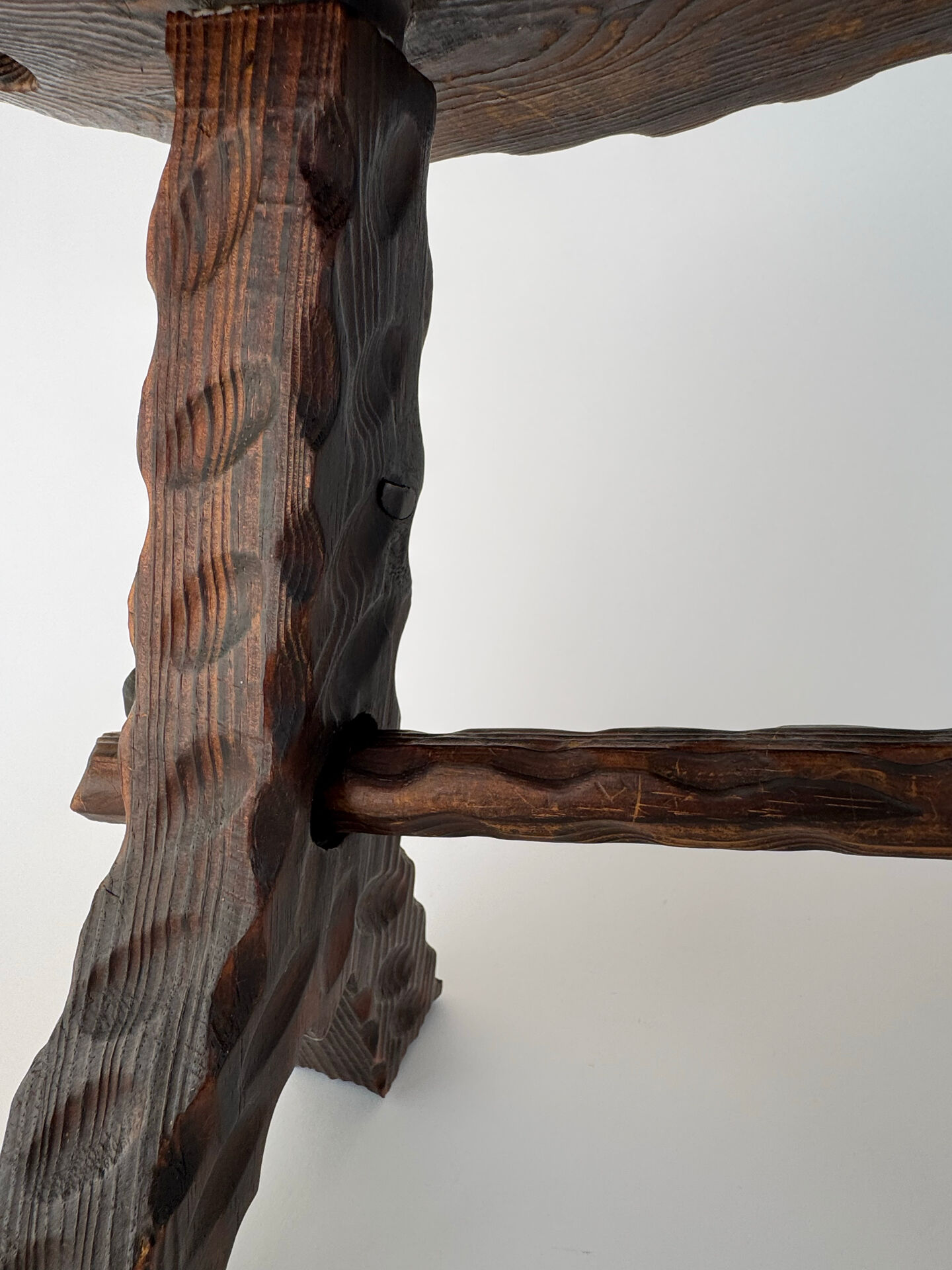 Vintage Brutalist Hand Carved Wooden Stool