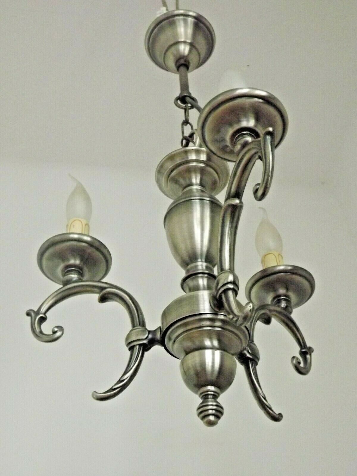 French brushed silver metal 3 light chandelier scroll leaf detail