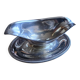 Silver-plated metal gravy boat on a stand