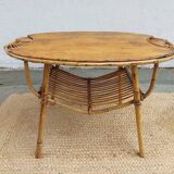 4 armchairs and a coffee table made of rattan and bamboo wood, vintage.