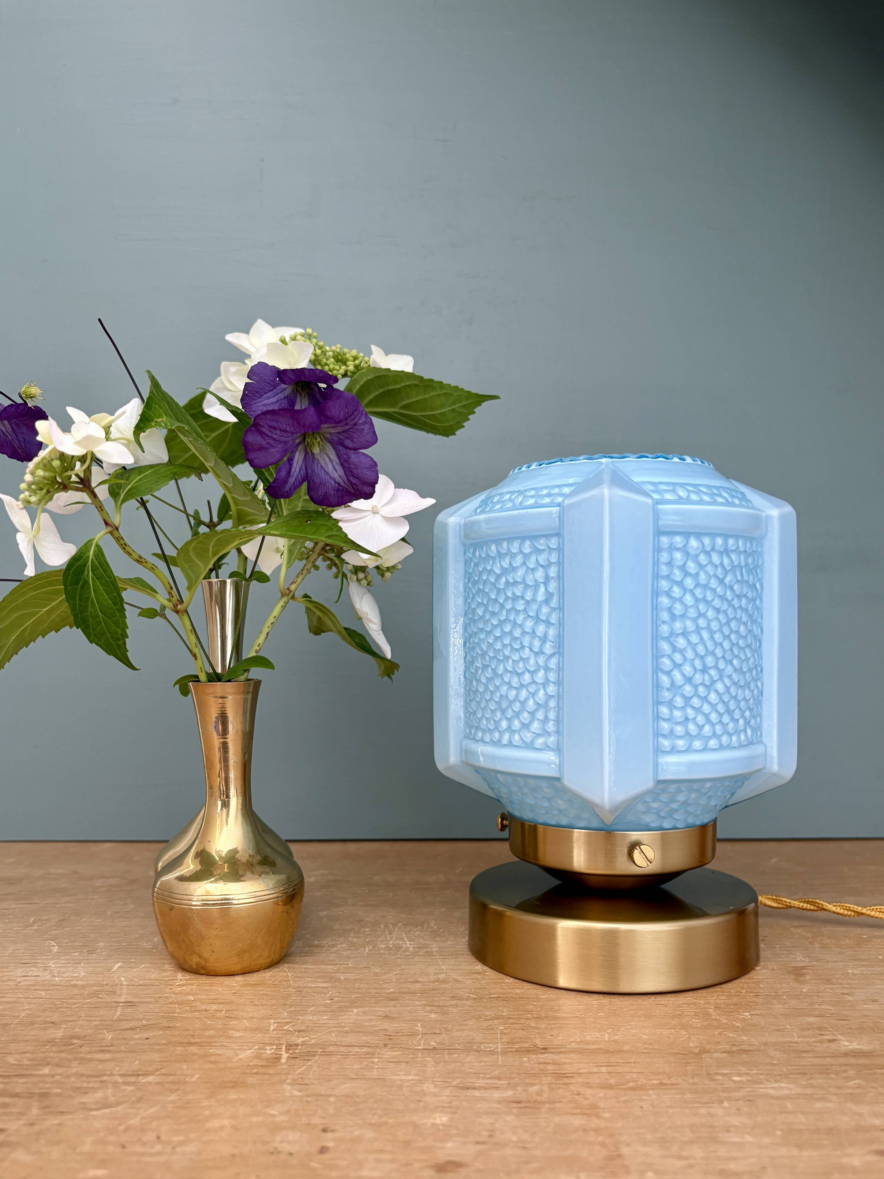 Vintage art deco globe table lamp in blue opaline