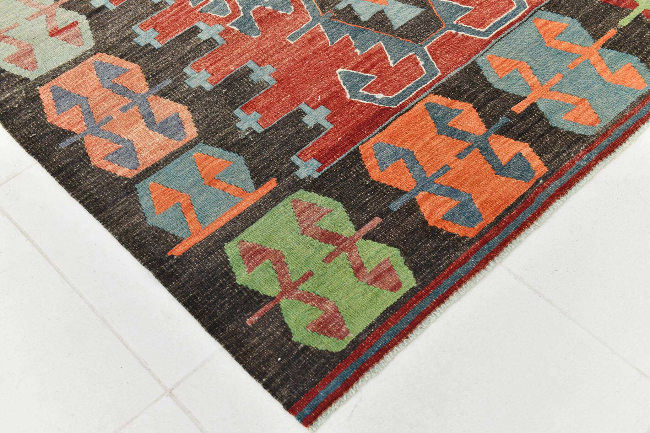 Tapis Kilim Vintage Rouge Motifs Géométriques Ethniques, 195x355 Cm