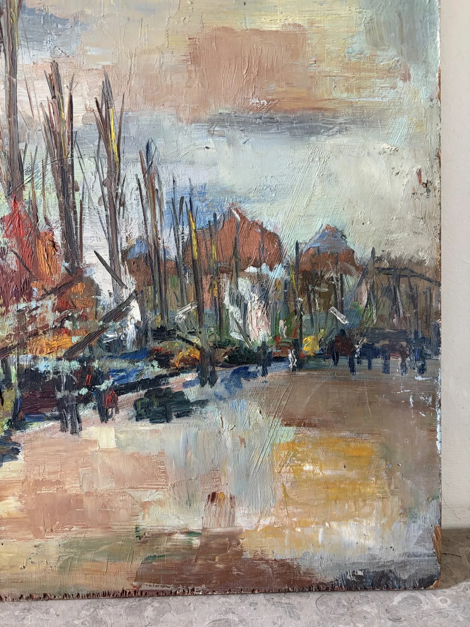 Sailboats at the harbour, oil on wood panel