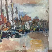 Sailboats at the harbour, oil on wood panel