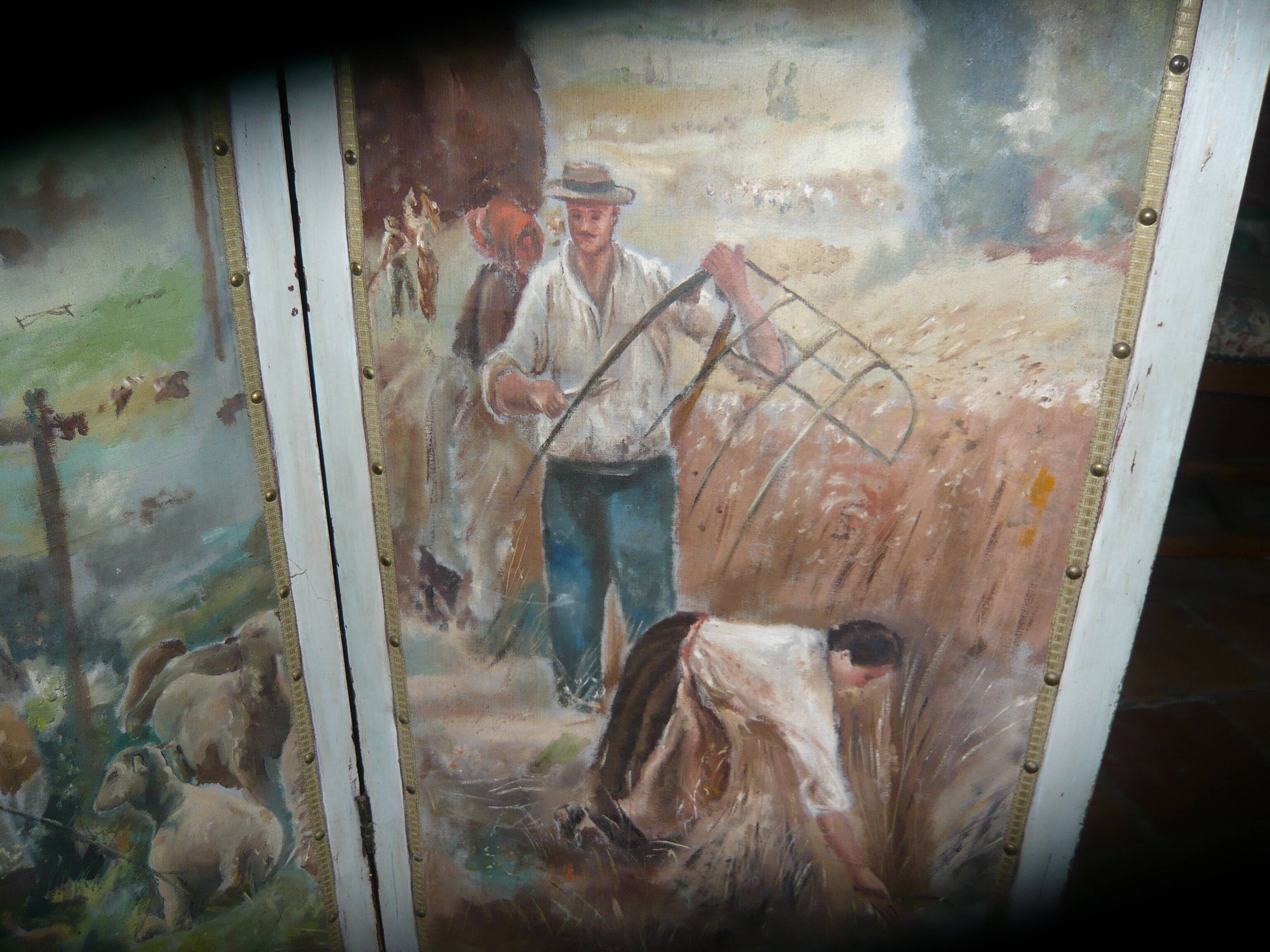 Screen XIX, four painted panels, rural decor. Art Deco style.