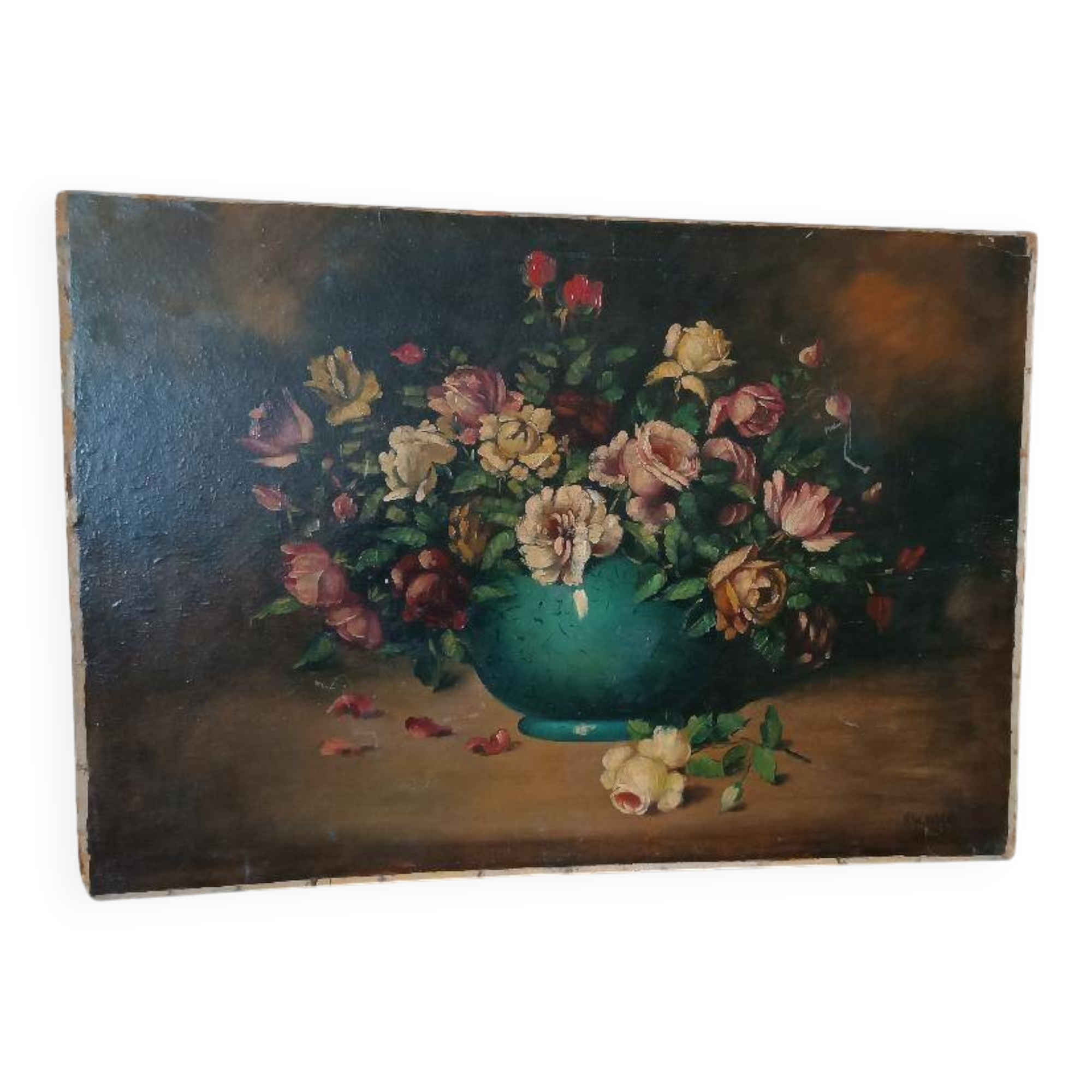Large oil painting on canvas - Vase with flowers - Still life - Ita