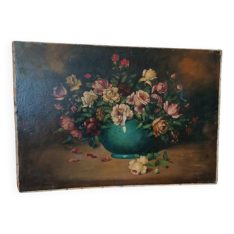 Large oil painting on canvas - Vase with flowers - Still life - Ita
