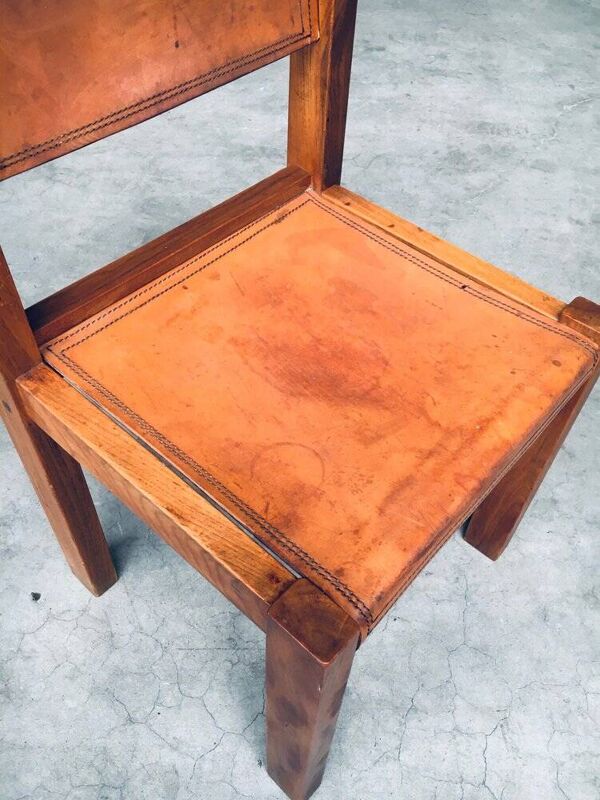 Elm & Cognac Leather Dining Room Chairs Set in the style of Pierre Chapo, Italy, 1960s, Set of 4