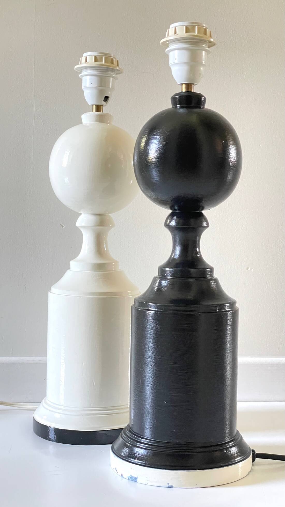 2 Vintage Black and White Turned Wood Lamp Bases