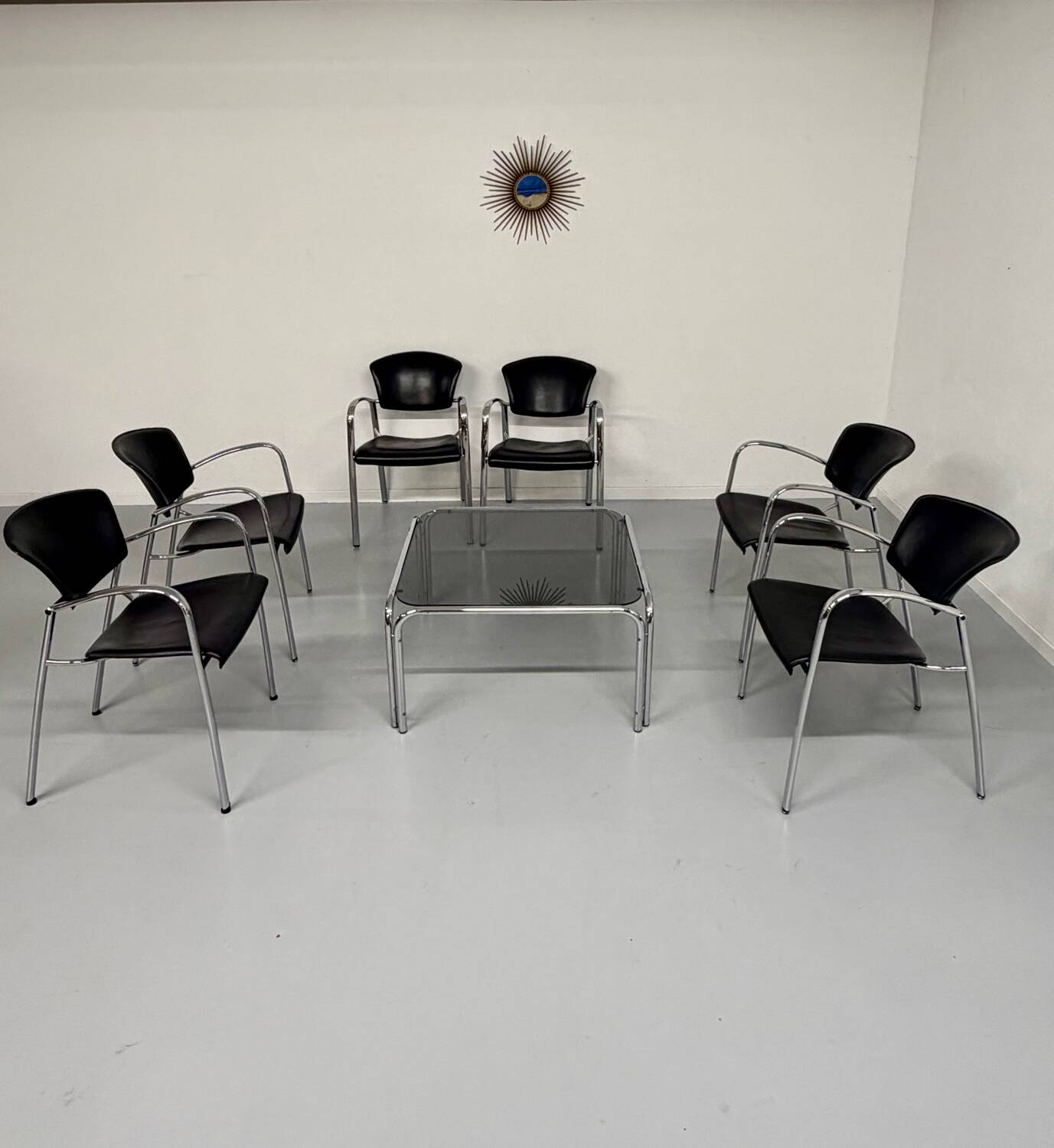 6 black leather and chrome metal chairs Brayton International vintage sa