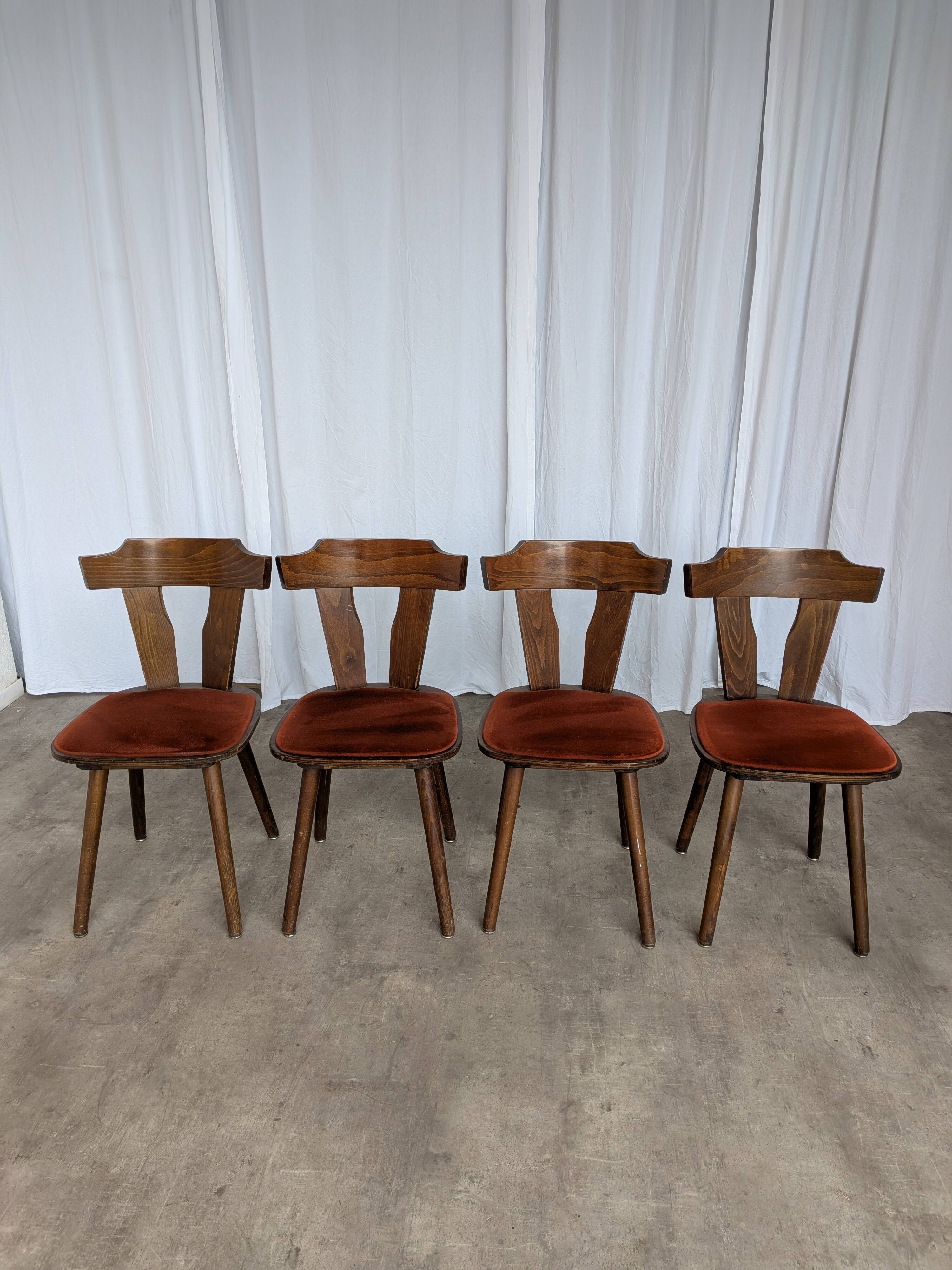Vintage Tyrolean Dining Chairs: Set of 4, Red Fabric Seat, 1970s