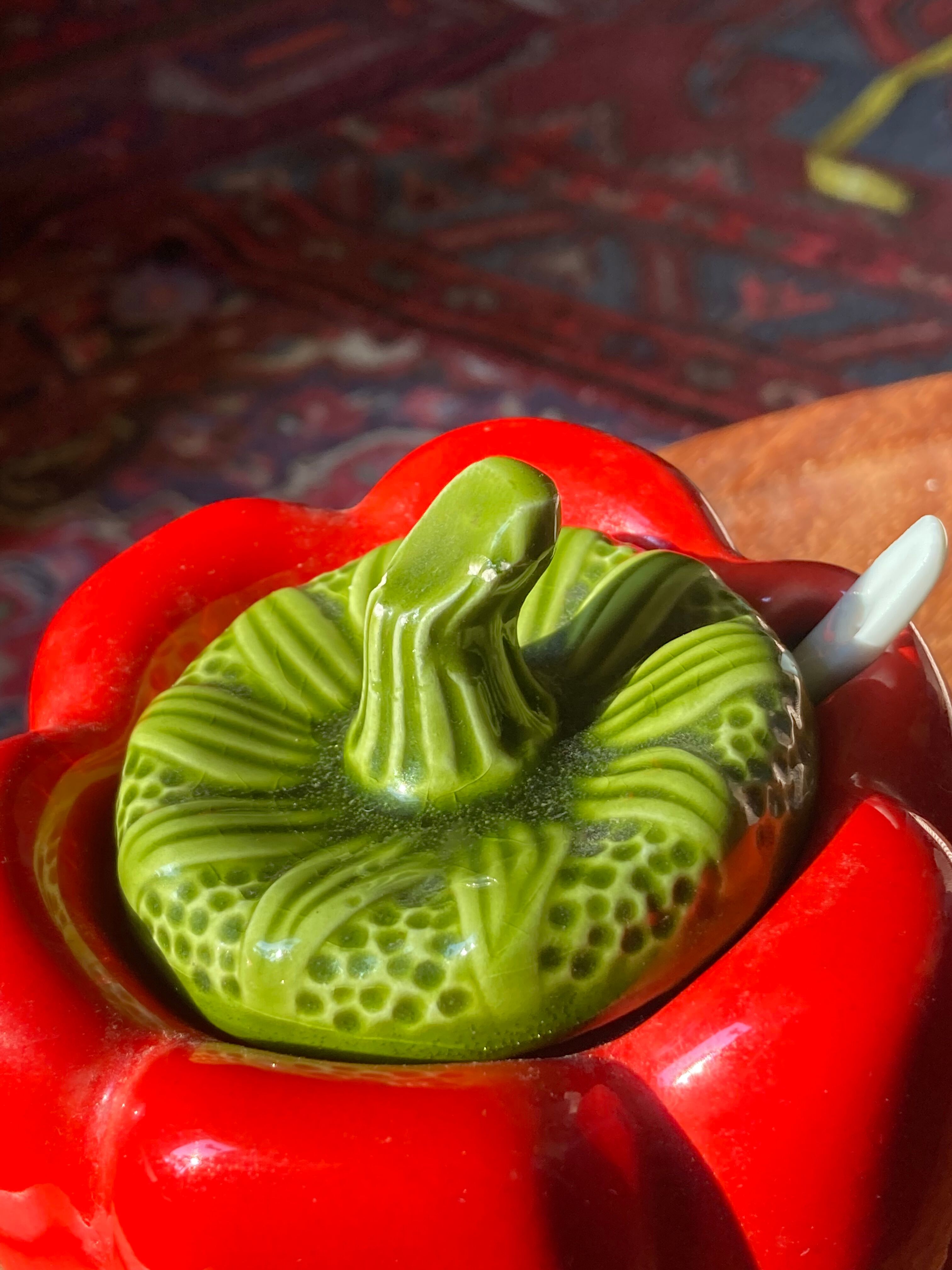 Vintage pepper slip / red and green ceramic covered pot / sugar bowl