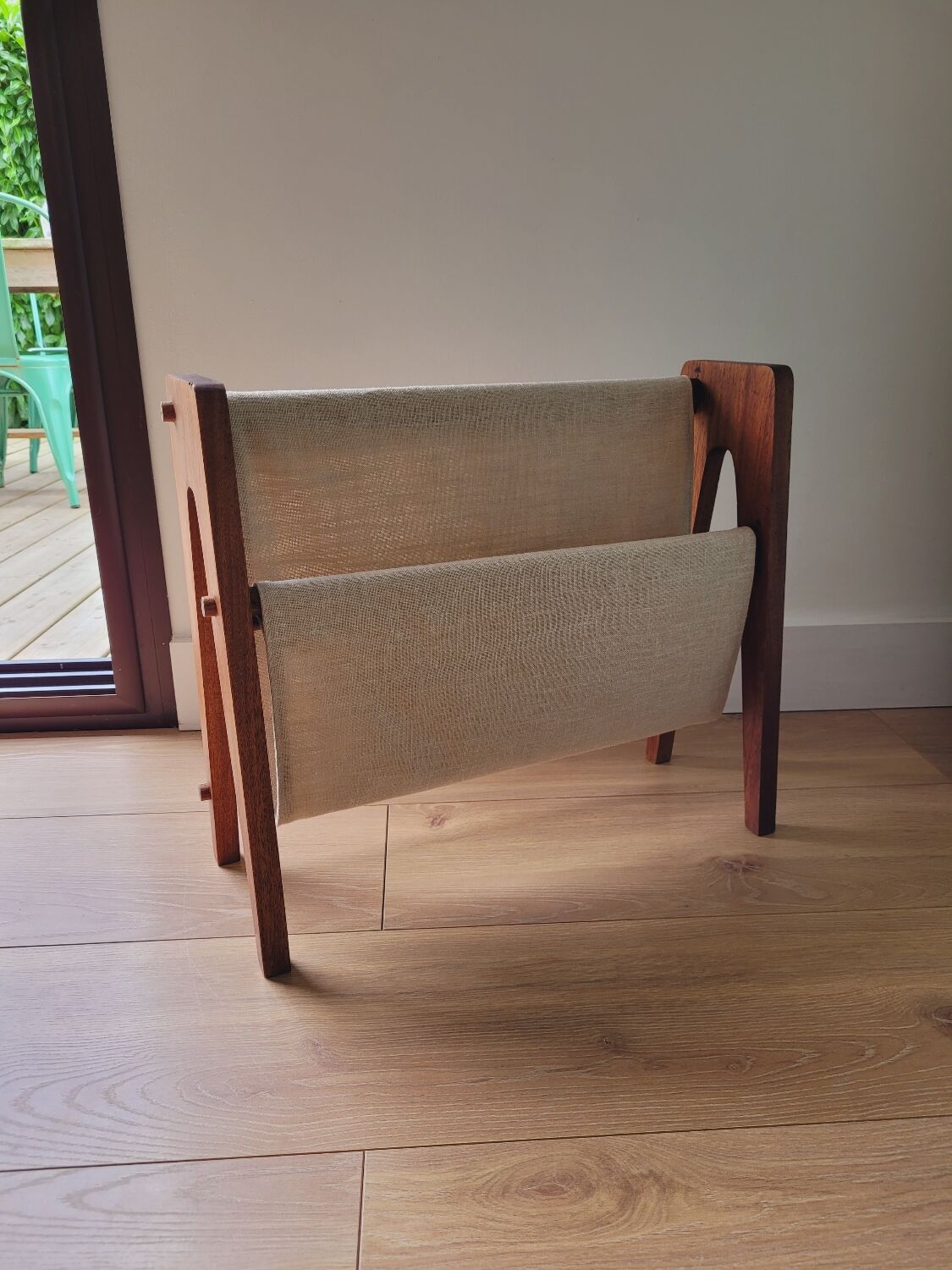 Scandinavian magazine rack exotic wood and linen