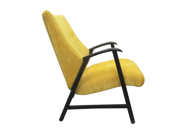 Fauteuil des années 1950 en velours jaune, entièrement restauré