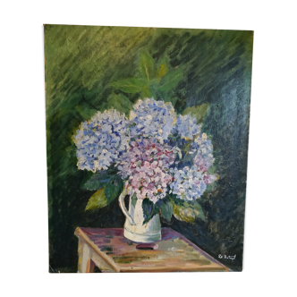 Huile sur toile "le bouquet d'hortensias"