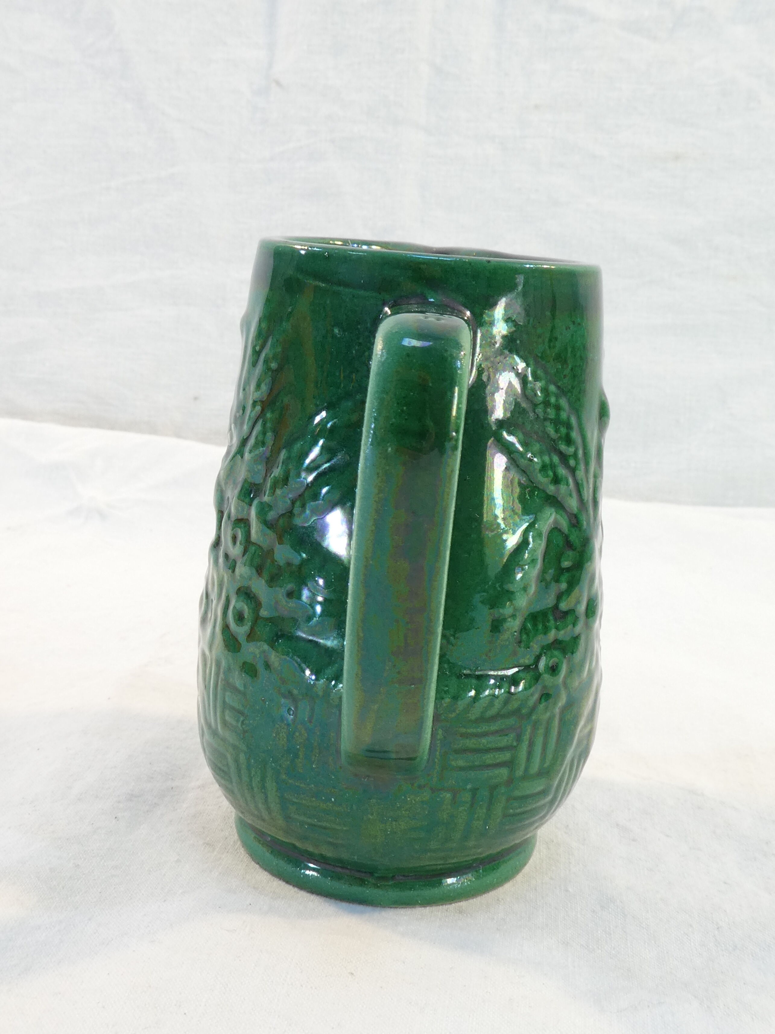 Old Little Vintage Green Pitcher in faience of ST CLEMENT flower basket decor