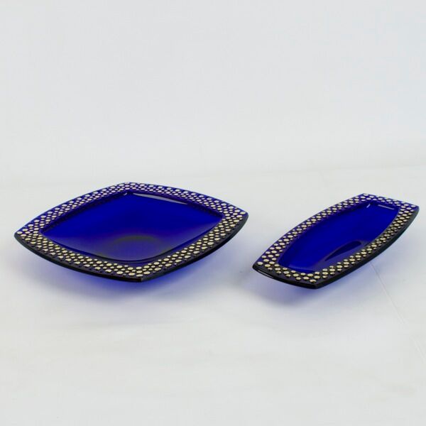 Cobalt blue glass cup gilded relief decoration, rectangular, 1960