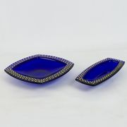 Coupe en verre bleu cobalt décor en relief doré rectangulaire,1960