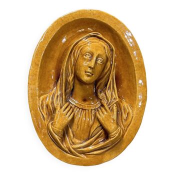 Former large medallion, virgin and child, biot, glazed terracotta, xxth