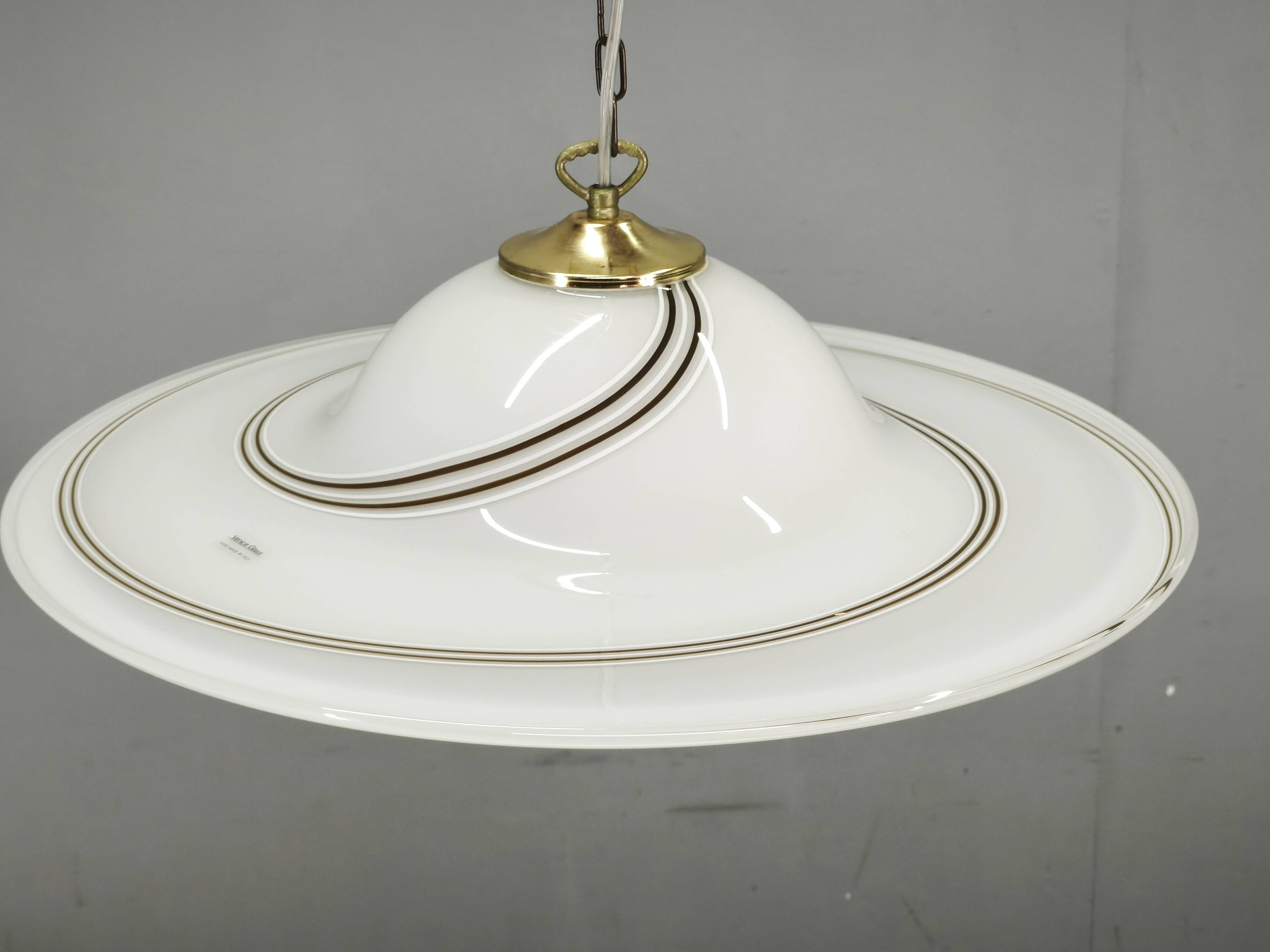 Pair of 1970s Italian Murano Opaline Glass and Brass Pendant Lights
