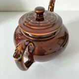 Vintage brown glazed earthenware teapot, mid-century sculptural decor.