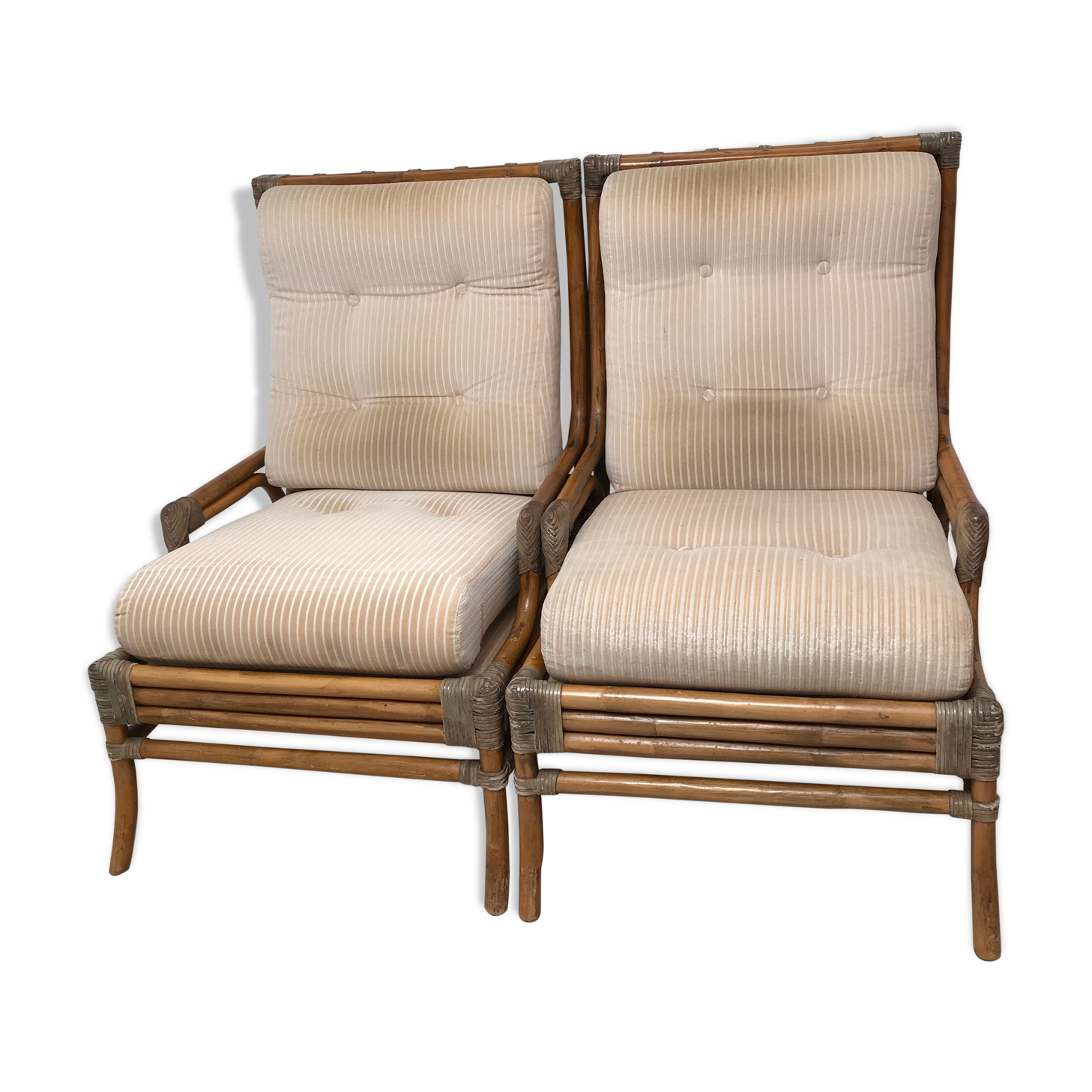 Pair of 70's rattan and leather armchairs