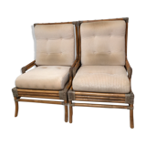 Pair of 70's rattan and leather armchairs