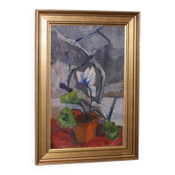 Huile sur toile originale suédoise – « Cyclamen d'hiver » par Majken Bergvin (1922–2012) – 1965 – vintage et encadrée – 62 × 43 cm