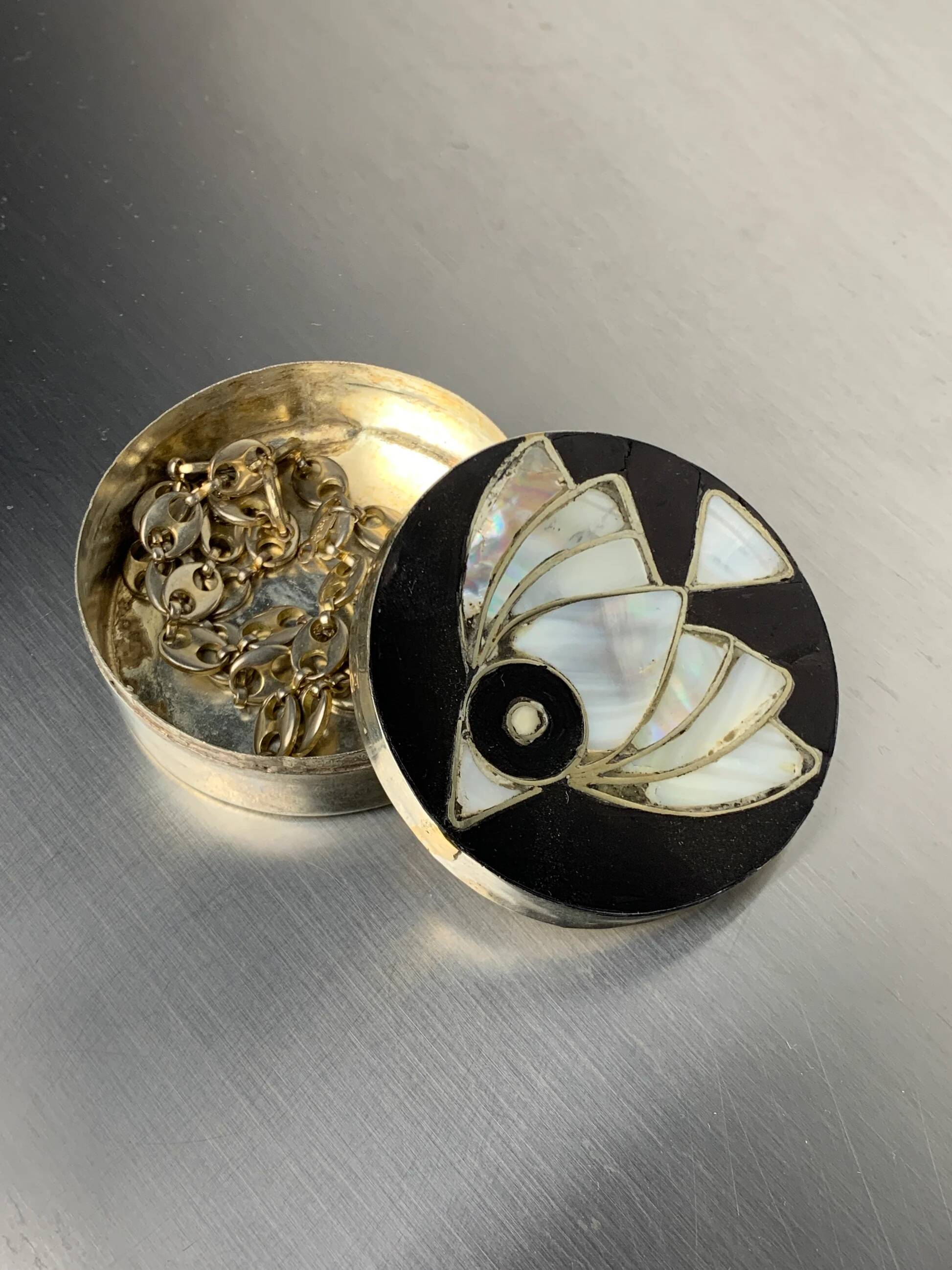 Abalone shell & alpaca silver fish box, Mexico, 1970s