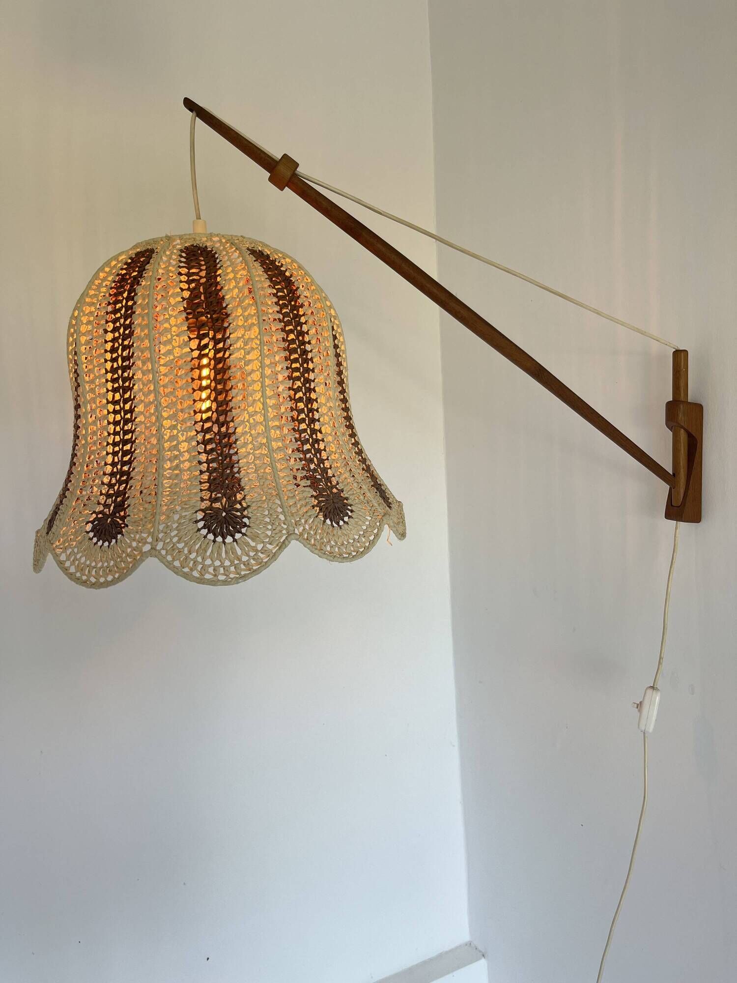 Mid-Century Modern Teak and Sisal Swing-Arm Wall Lamp, 1960s