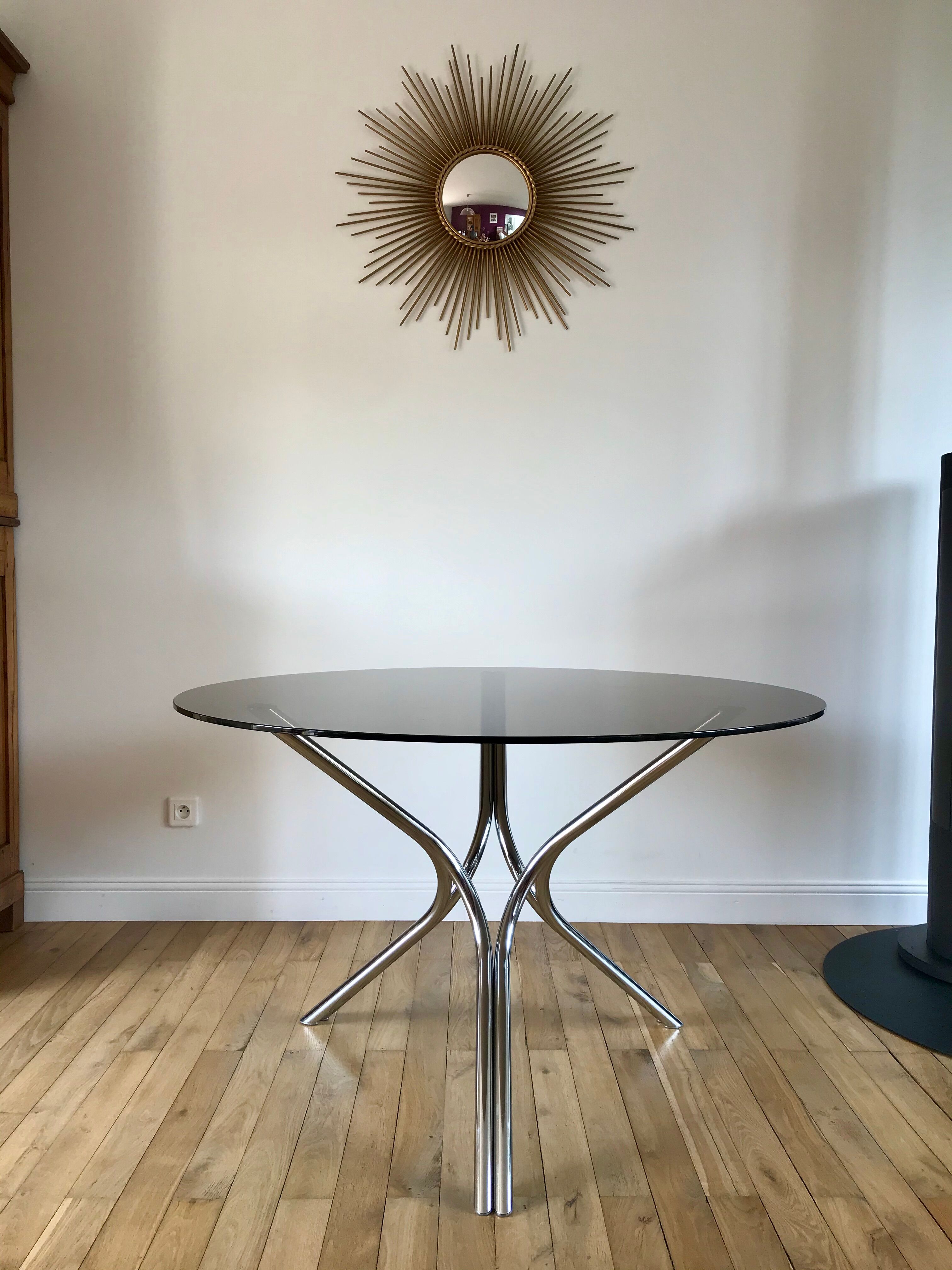 Dining / living table in chrome and smoked glass design 70s