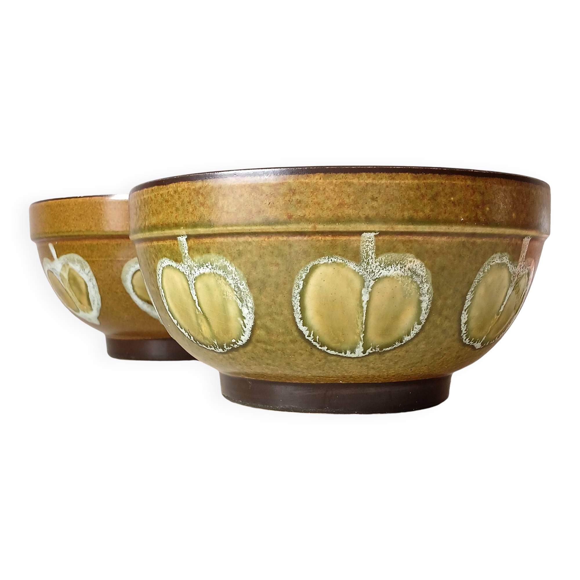 2 glazed ceramic salad bowls, stylized apples, 1970