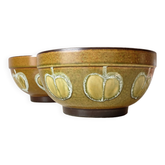 2 glazed ceramic salad bowls, stylized apples, 1970
