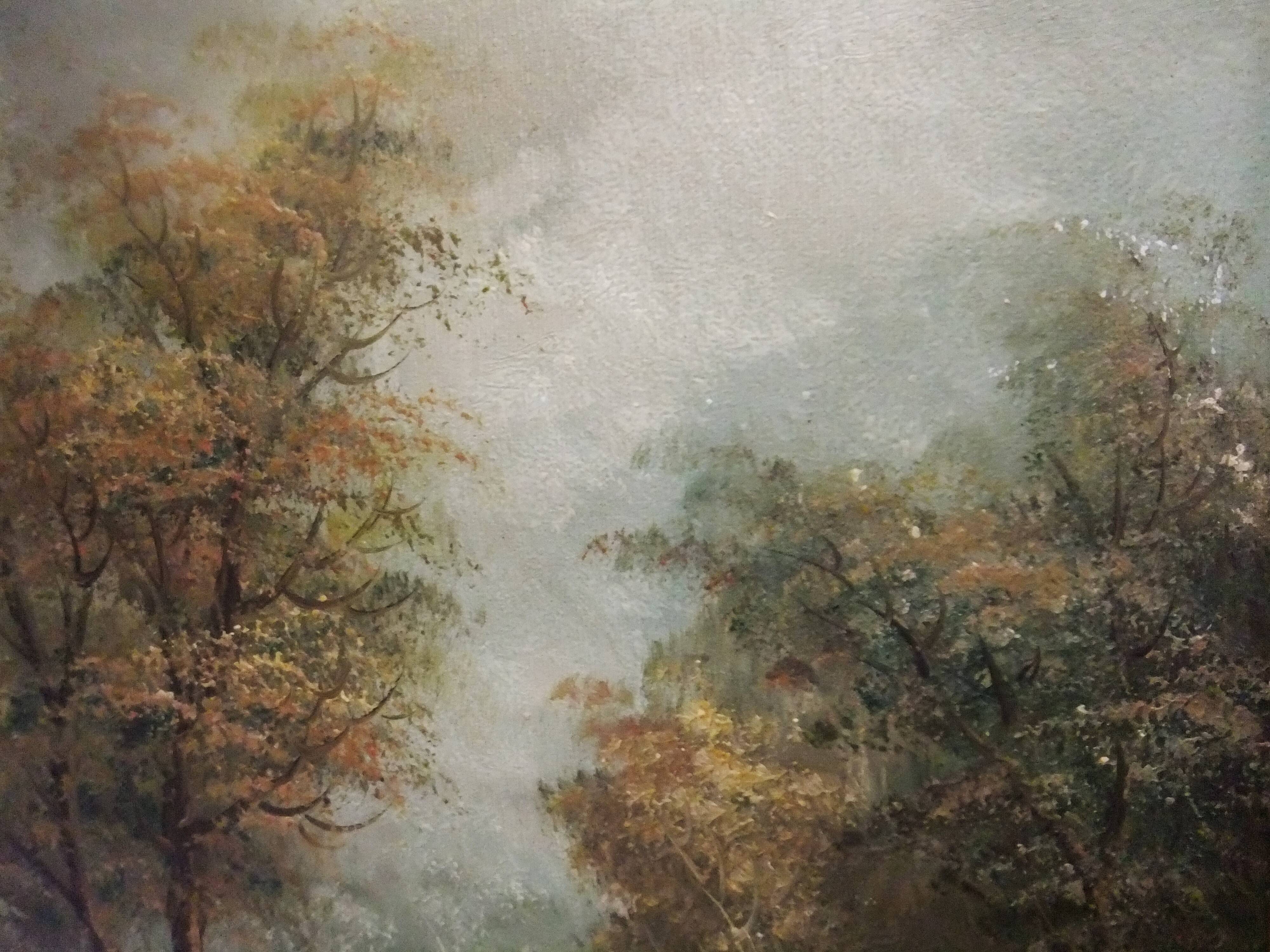 Painting on oil canvas J Evans golden frame landscape