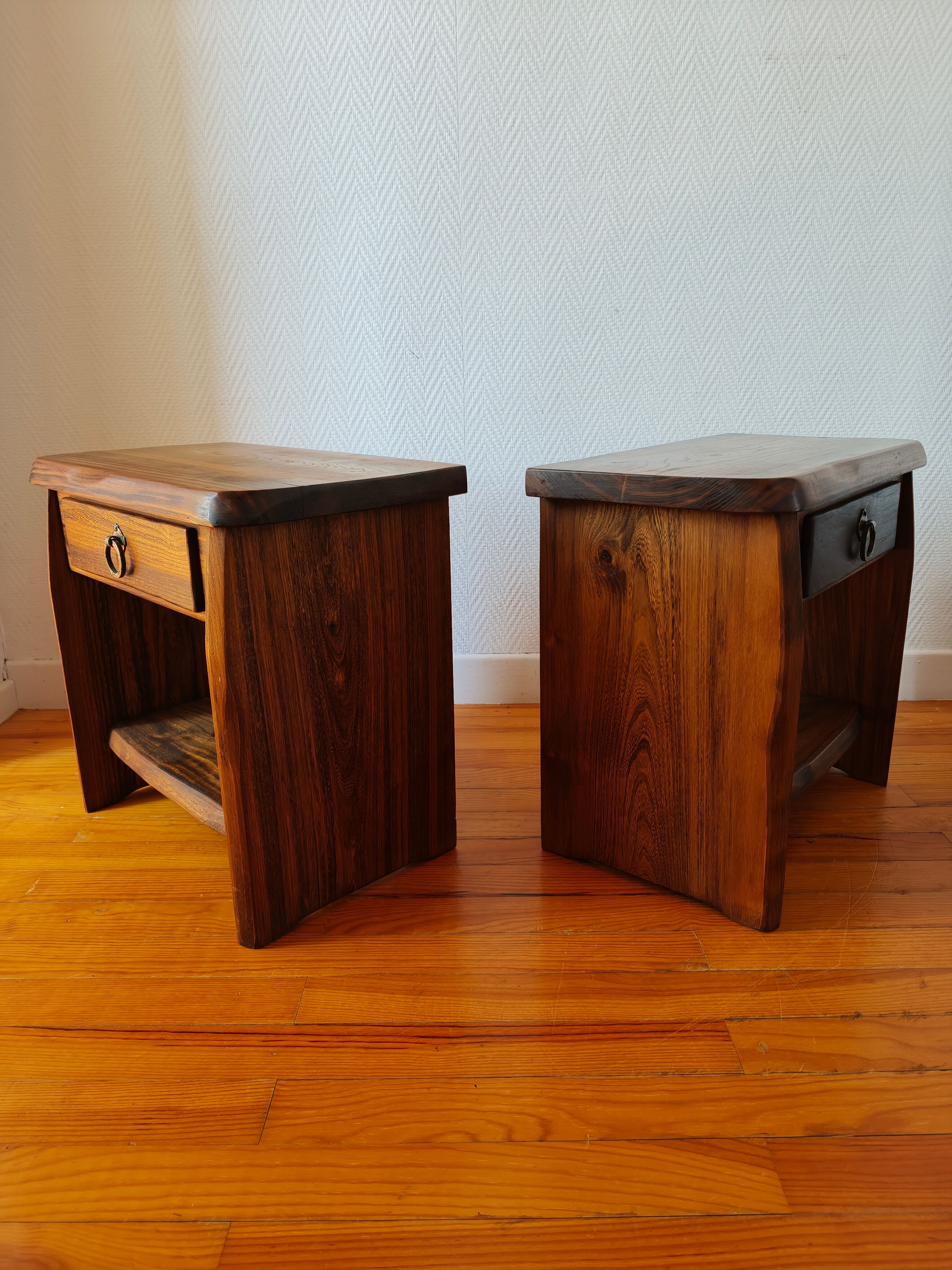 Pair of solid elm bedside tables, France 1970.