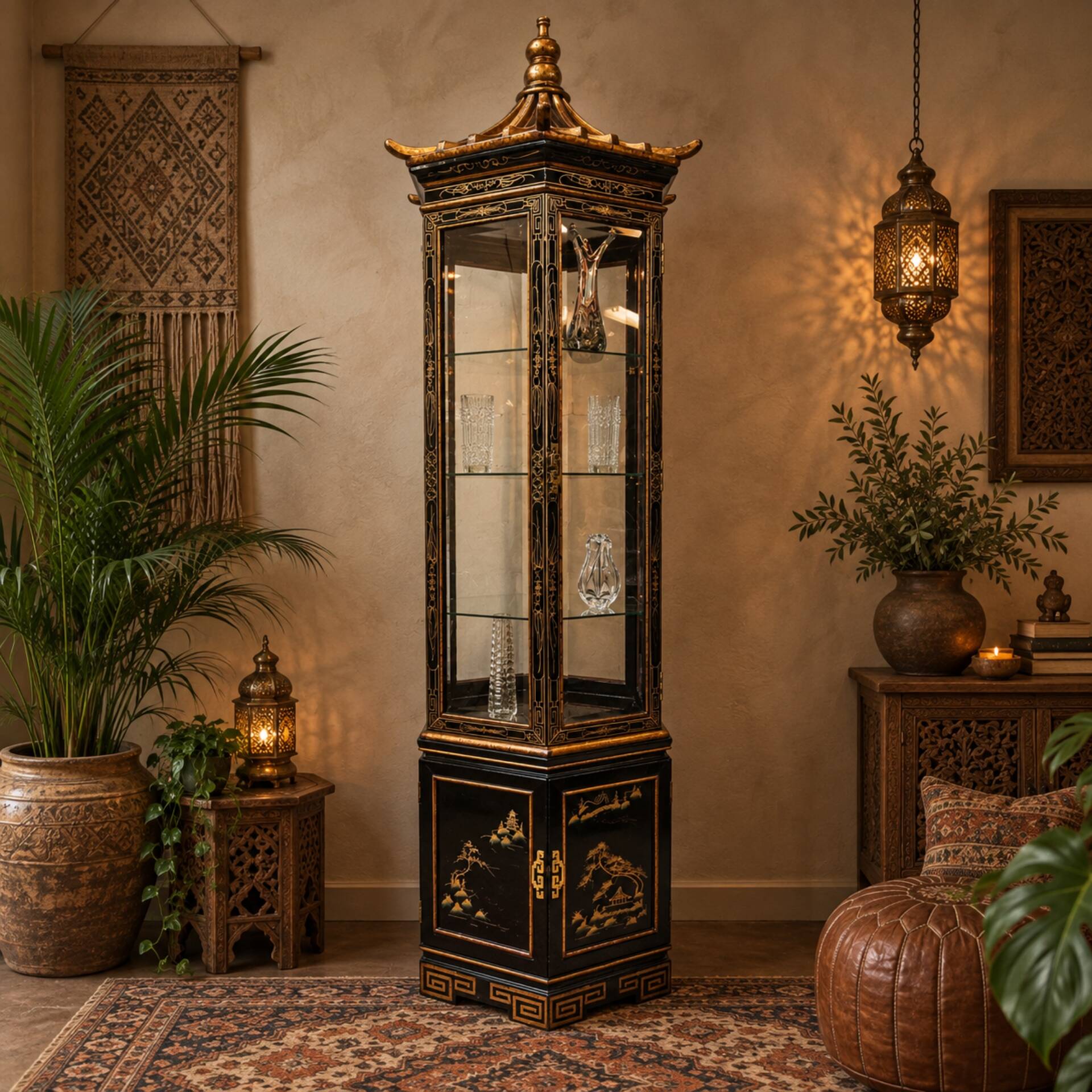 Vitrine chinoise vintage toit pagode (éclairage) asiatique