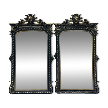 Paire de miroir Napoléon III 163/89,5cm, noir et feuille d’argent
