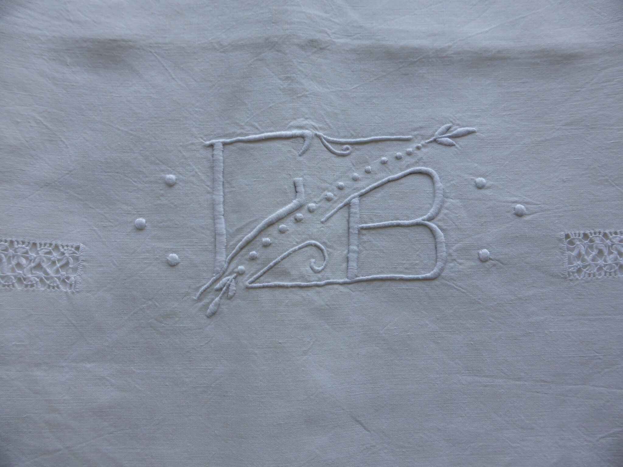 Old linen sheet embroidered with fancy days-monogram GB-225x278cm
