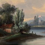 Oil on canvas landscape on the edge of a river late 19th century