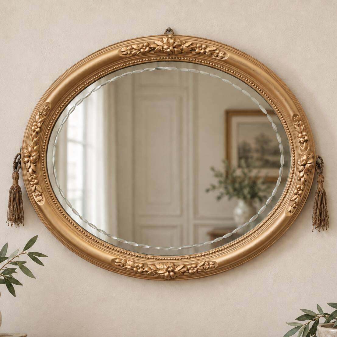 Miroir ovale vintage doré à décor floral et verre biseauté – 58 × 48 cm
