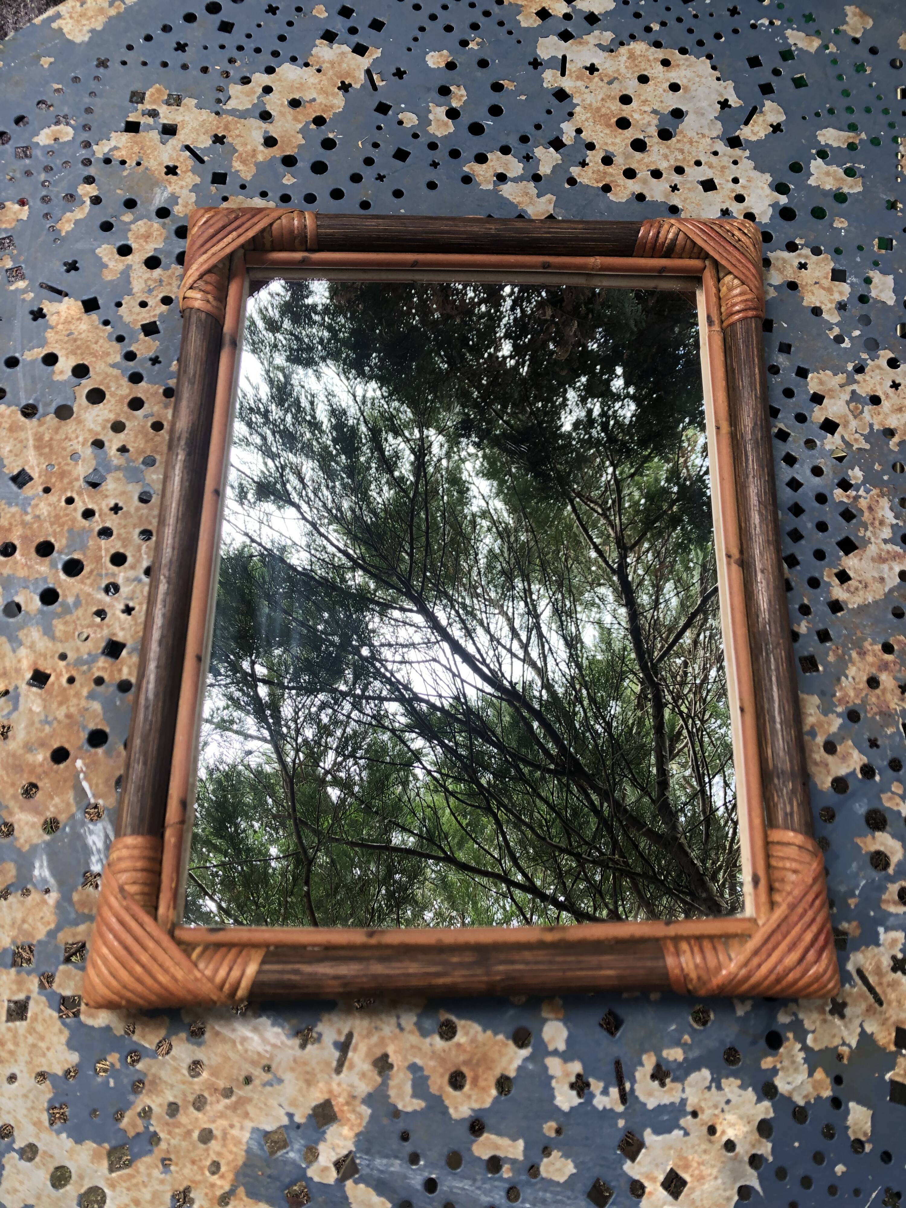 Mirror in wood and rattan 60s