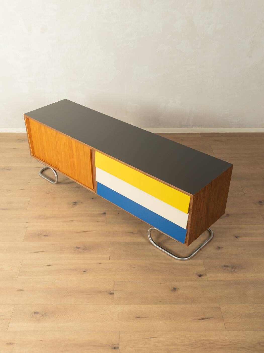 Exclusive mid-century style sideboard with stainless steel base, 1960s