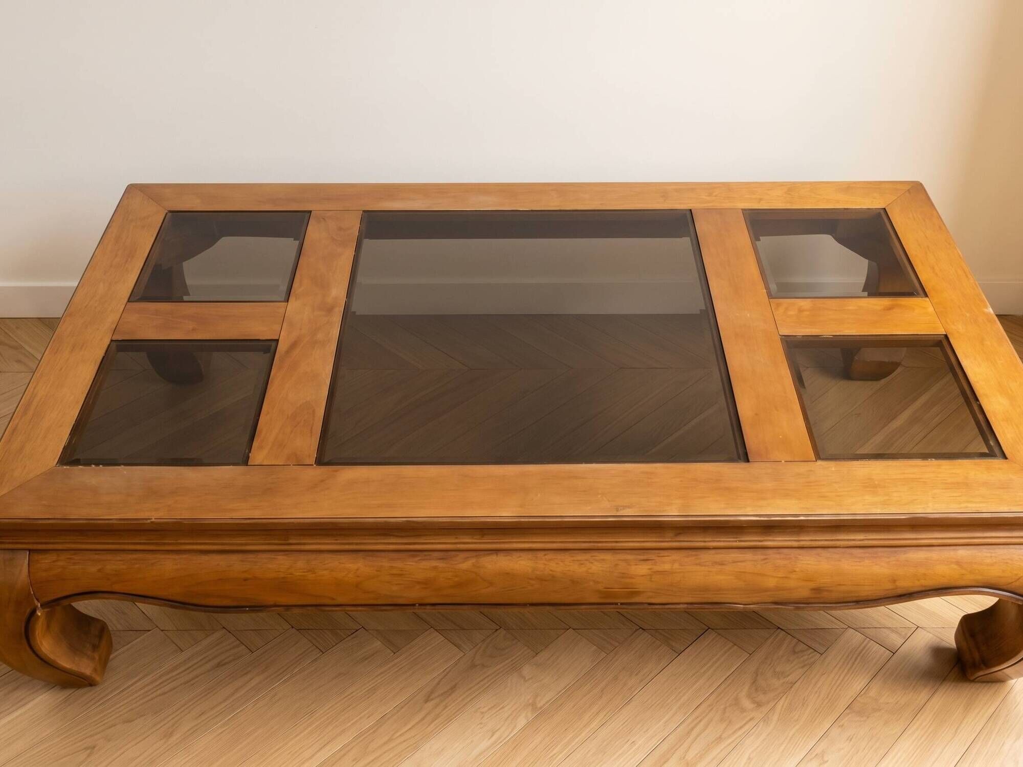 Coffee table in solid cherry wood with glass tops.