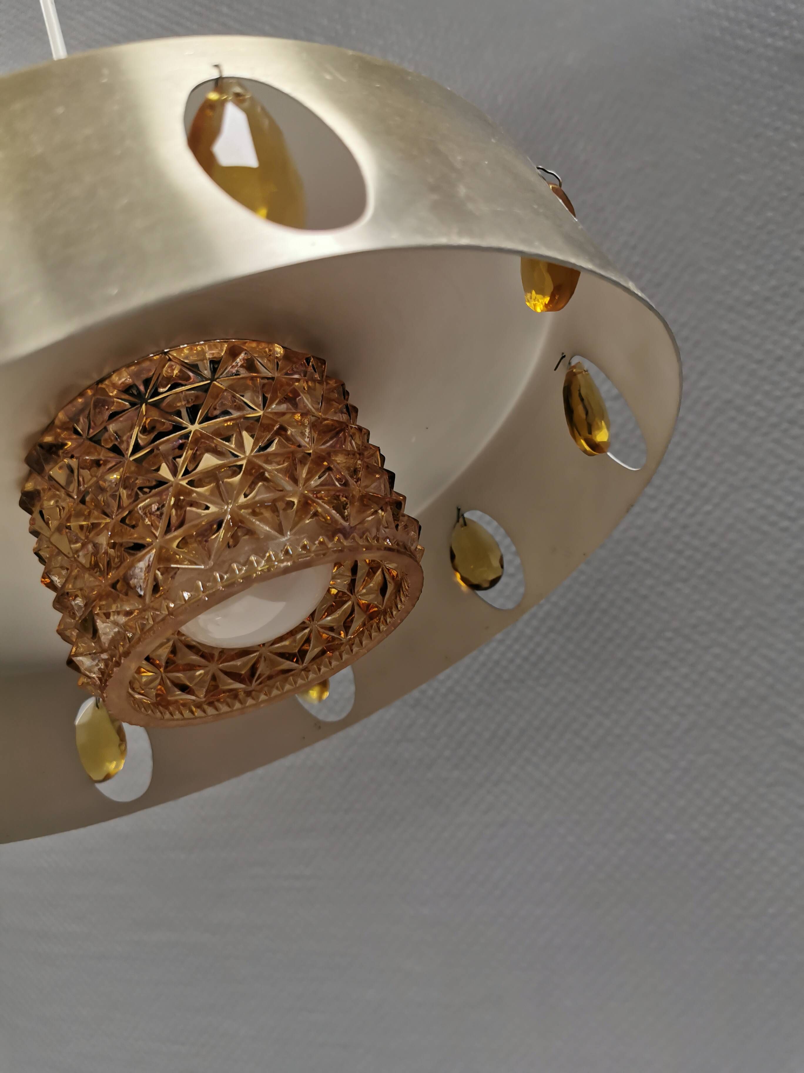 Danish hanging lamp made of glass, metal and with amber colored prisms