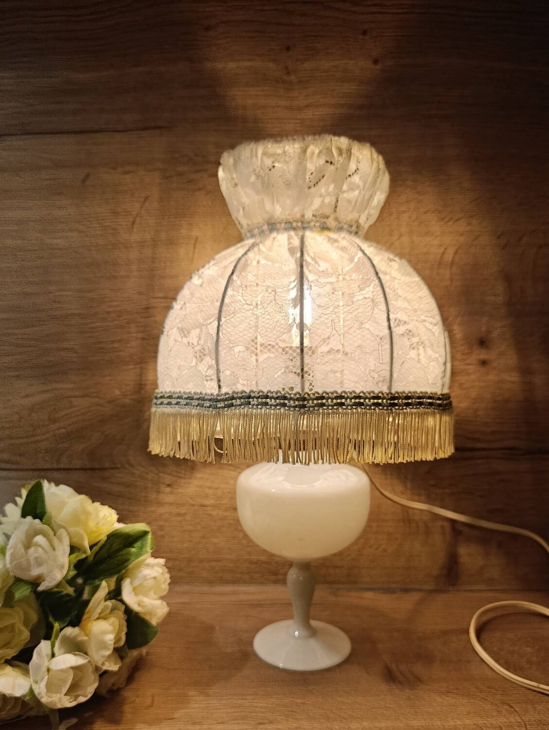 white bedside lamp with lace and opaline bohemian chic