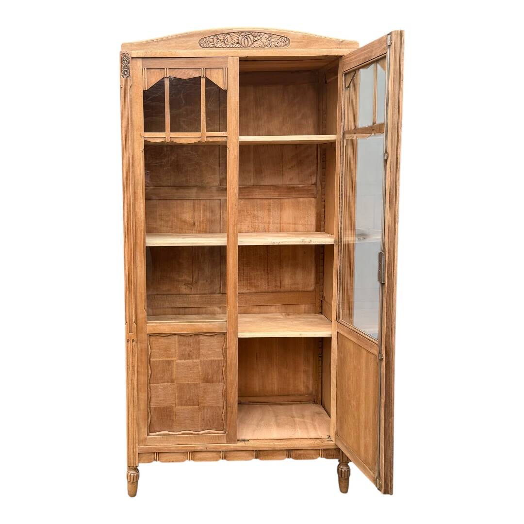 Parisian glass-fronted Art Deco wardrobe in solid raw walnut.